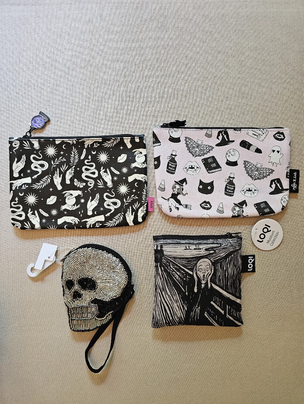 Lot of Four: 2 IPSY Witchy Bags / Small Skull / The Scream LOQI Reuseable Bag
